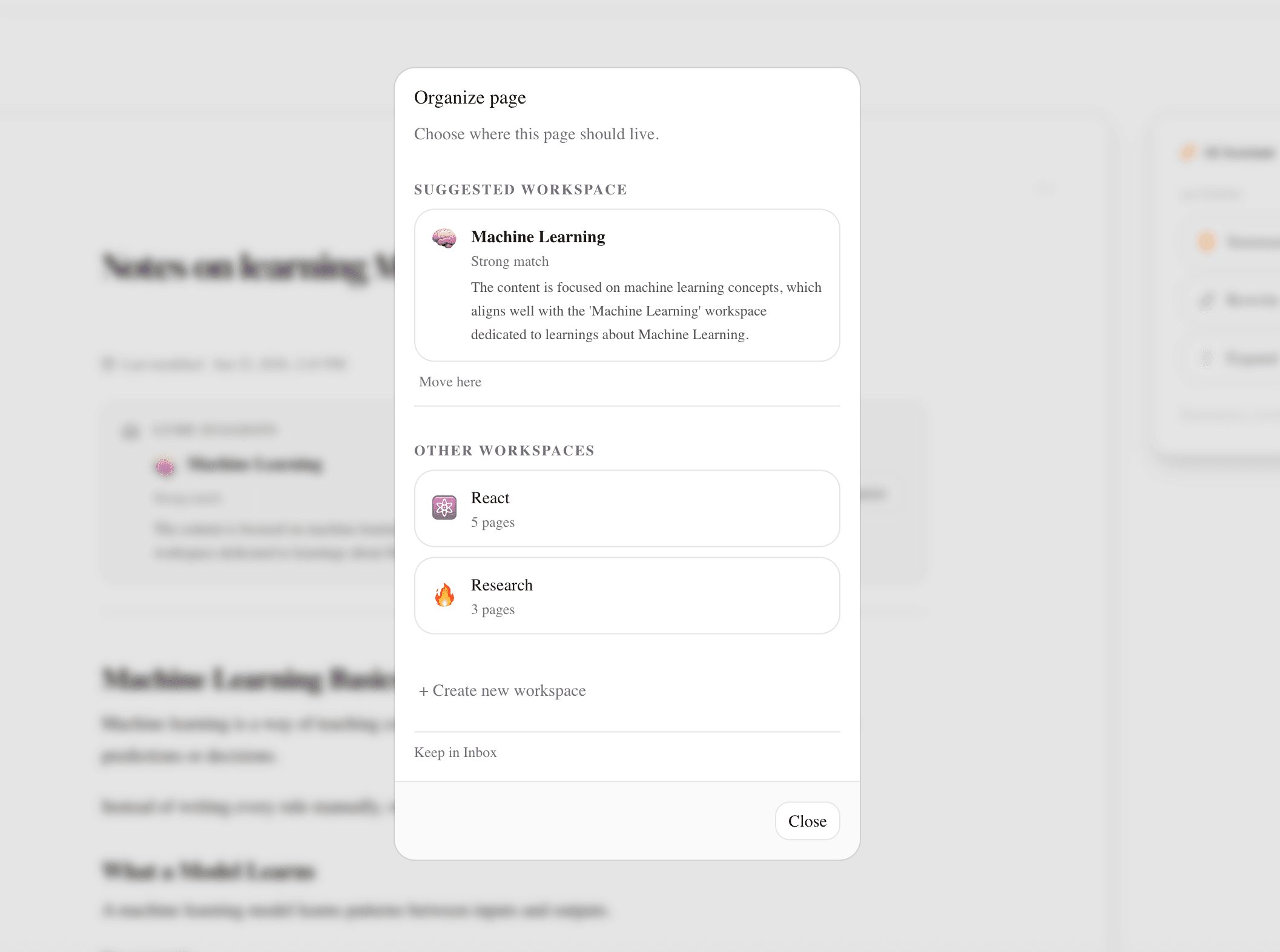 Lume organize modal showing a suggested workspace
